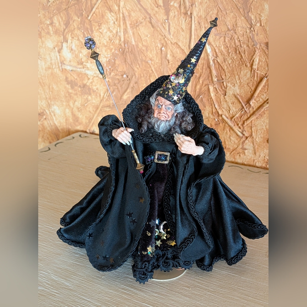 Captivating Wizard Doll On Stand with Embellished Black Gown Hat and Staff
